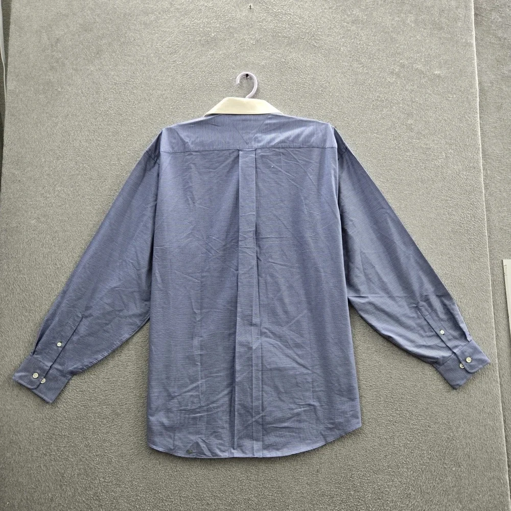 VINTAGE Tommy Hilfiger Men Button Up Shirt 16X34 Blue Embroidered Striped Crest